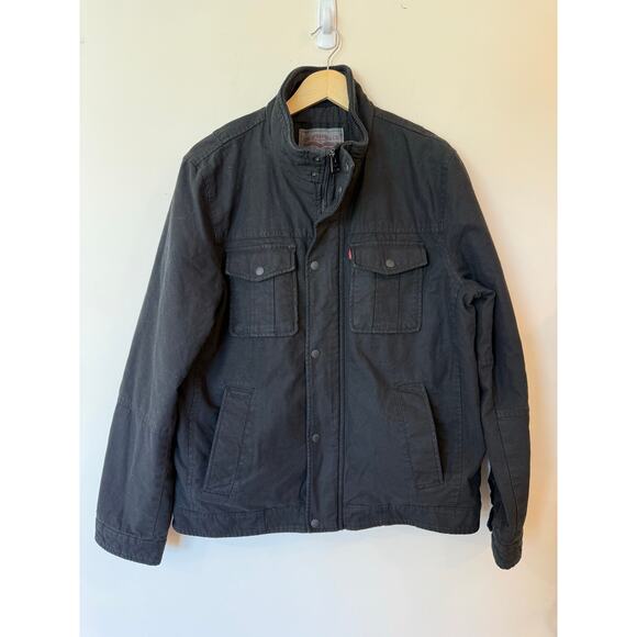 Levi’s Jacket Men Medium Black Cotton Twill Military Field Trucker Quilted Lined - Picture 1 of 14